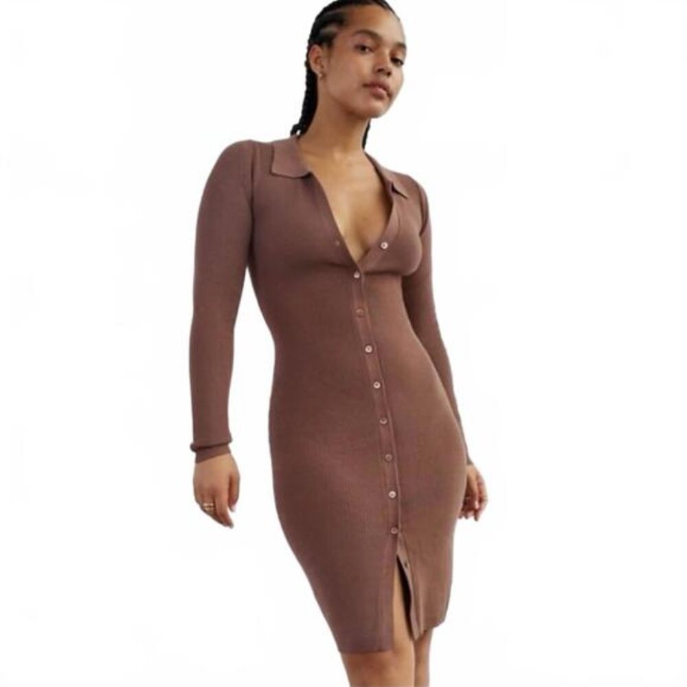 Aritzia Wilfred Cove Long Sleeve Knit Ribbed Dress Brown - SZ Medium